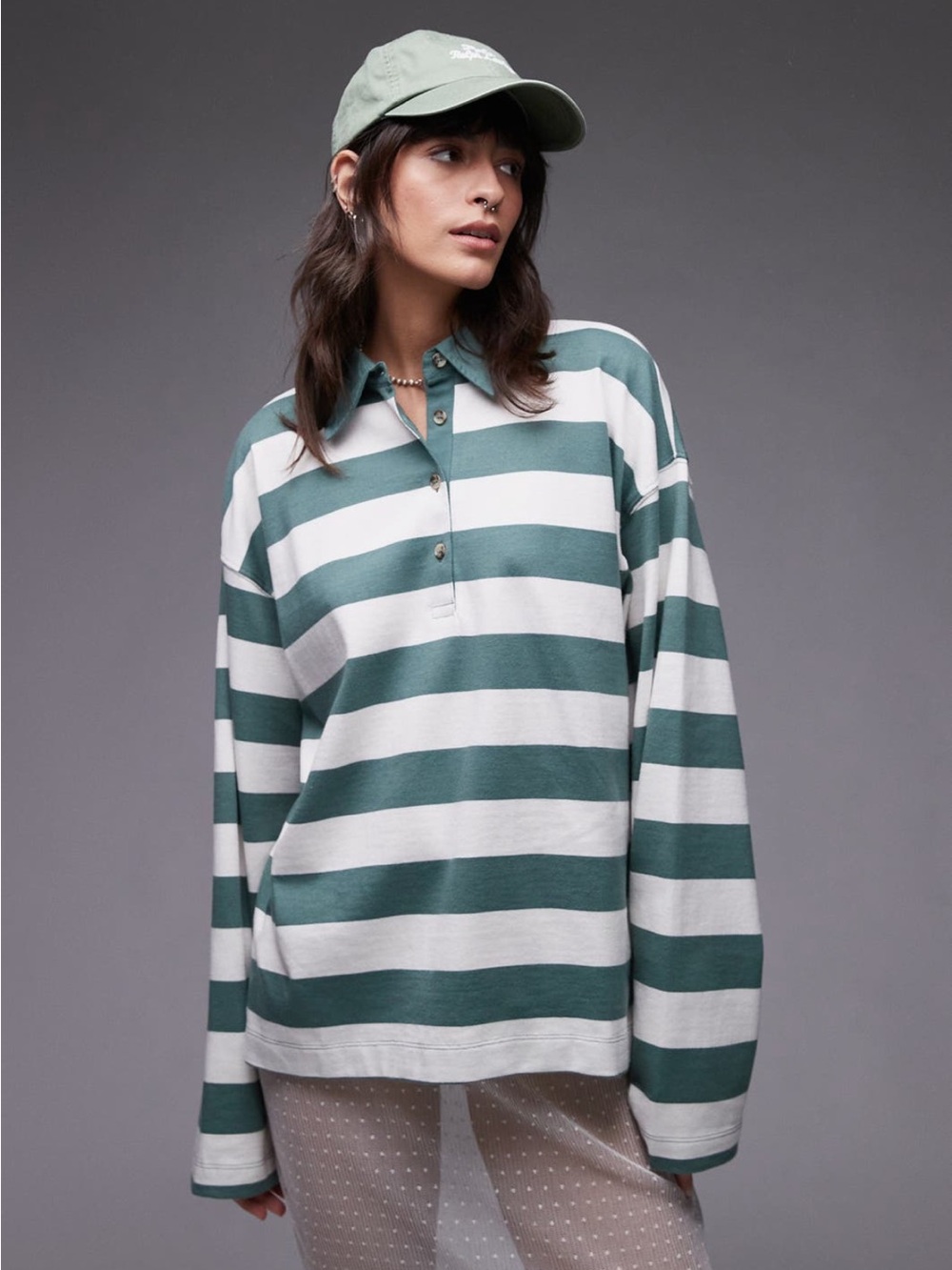 Topshop Long-Sleeve Striped Rugby Shirt in Teal and White